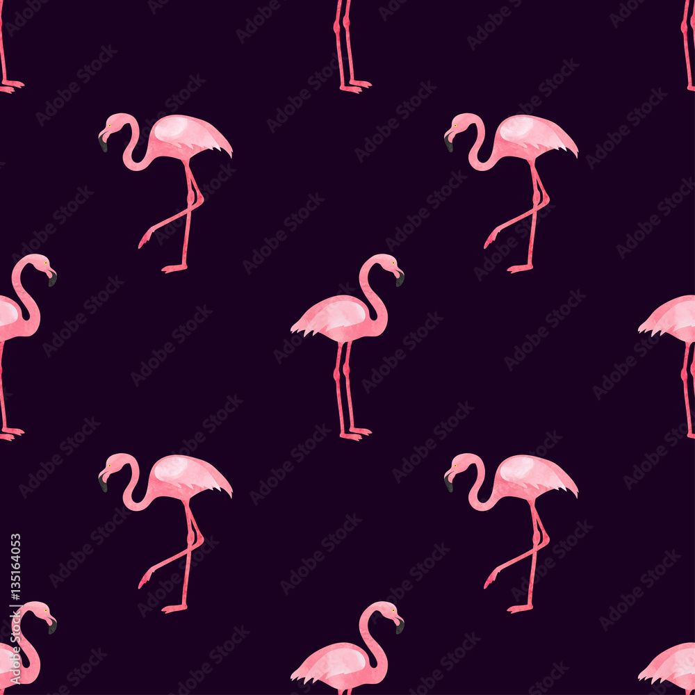 Fototapeta premium Flamingos seamless pattern. Vector background design with watercolor flamingo birds.