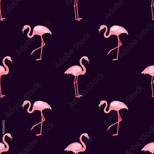 Flamingos seamless pattern. Vector background design with watercolor flamingo birds.