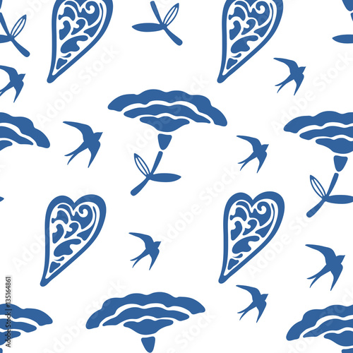 Seamless pattern with hearts flowers and swallows