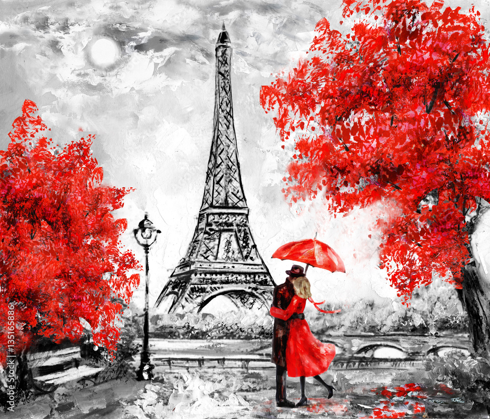 Oil Painting, Paris. european city landscape. France, Wallpaper, eiffel  tower. Black, white and red, Modern art. Couple under an umbrella on street  Stock Illustration | Adobe Stock