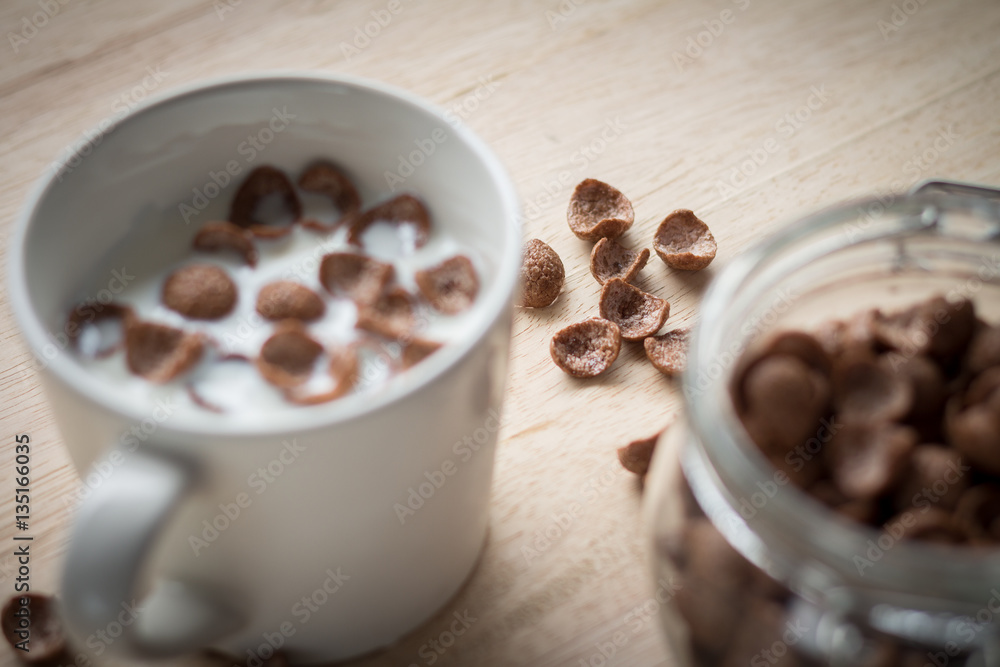 chocolate cereal cornflakes and milk for breafast chocolate cereal cornflakes and milk for breafast