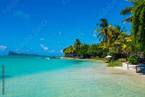 Beach on the tropical island. Clear blue water, sand and palm tr