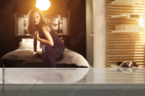 table background and woman on bed 