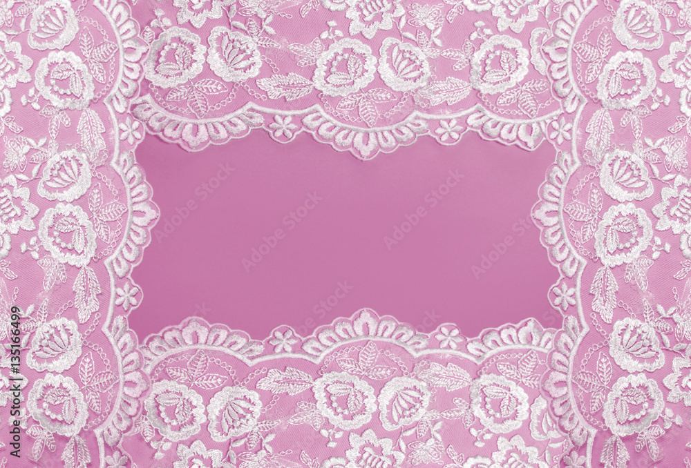 Invitation, greeting or wedding card with white lace on pink background. Invitation, greeting or wedding card with white lace on pink background.
