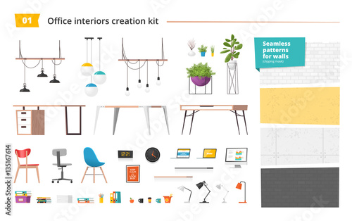 Office interiors creation kit of different furniture, accessories, plants and seamless patterns for walls. Create your own design of workplace. Set of vector elements.