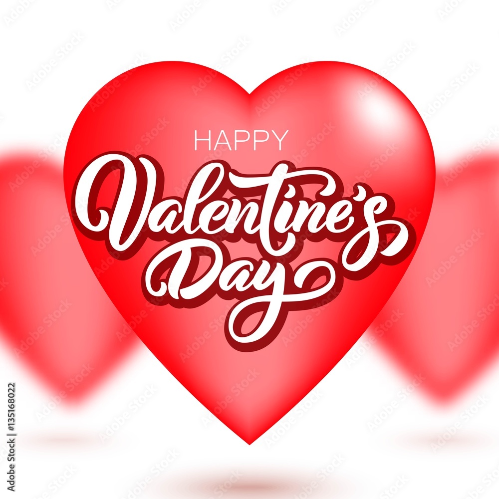 Happy Valentine's Day hand drawn brush ink calligraphy, red hearts with defocused effect, on white background. Perfect for holiday design. Vector illustration.
