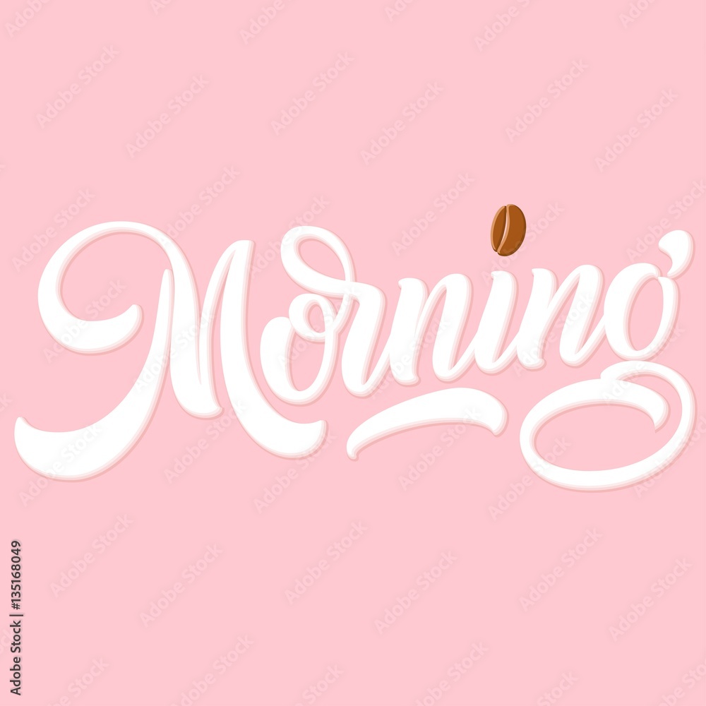Morning hand lettering with coffee bean, on retro pink background. Vector illustration. Morning hand lettering with coffee bean, on retro pink background. Vector illustration.
