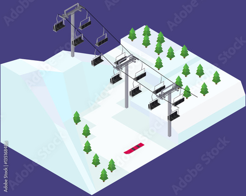 Isometric snowy winter, snowy mountain, green fir-trees,red snow