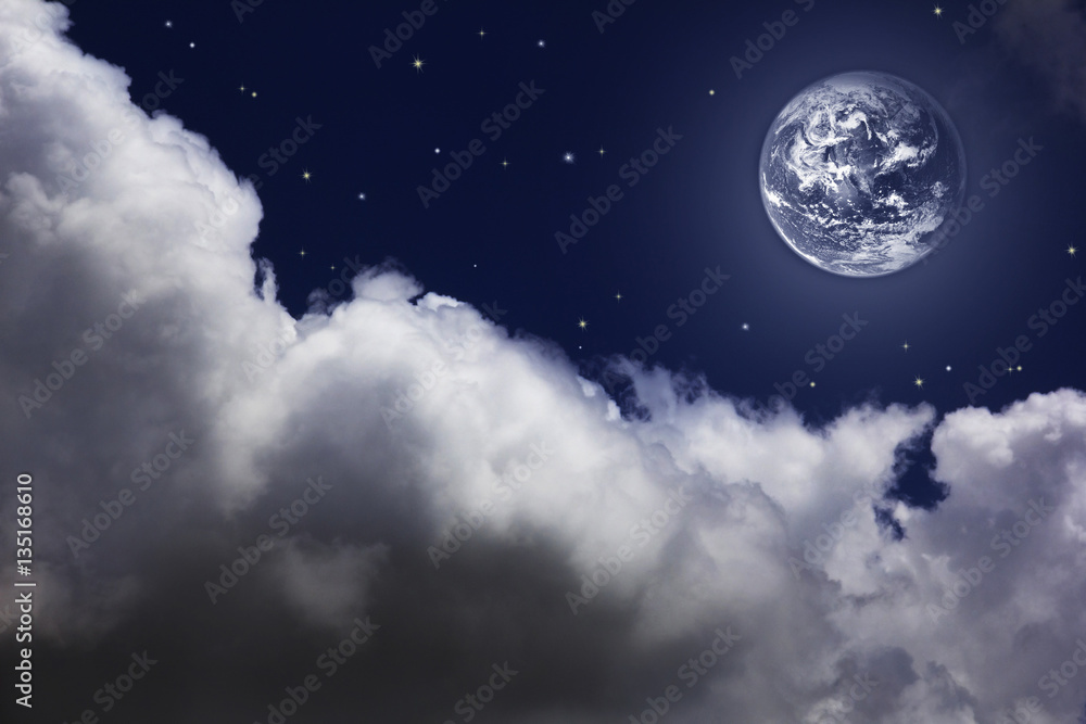 bright night sky with a moon, stars and clouds