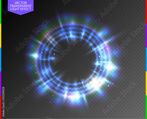 Abstract semitransparent blue light neon line glowing ring with colorful spotlight and spark. Magic sparkling portal on transparent background. Glow translucent special effect