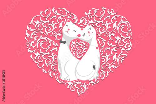 Photography Two cute white lovers cartoon cat in floral pattern heart frame