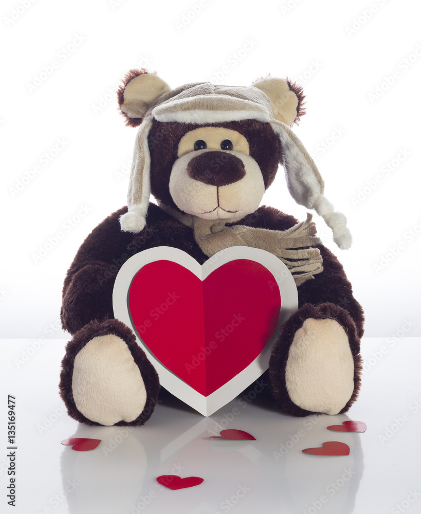 Obraz premium Teddy bear with heart card on a white background