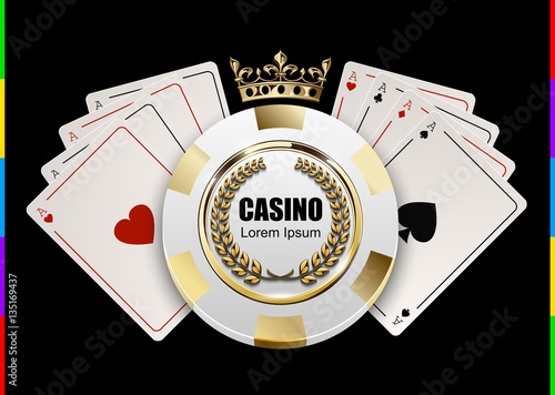 VIP poker luxury white and golden chip in golden crown with ace card vector casino logo concept. Royal poker club emblem with laurel wreath isolated on black background