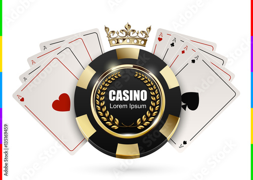 VIP poker luxury black and golden chip in golden crown with ace card vector casino logo concept. Royal poker club emblem with laurel wreath isolated on white background