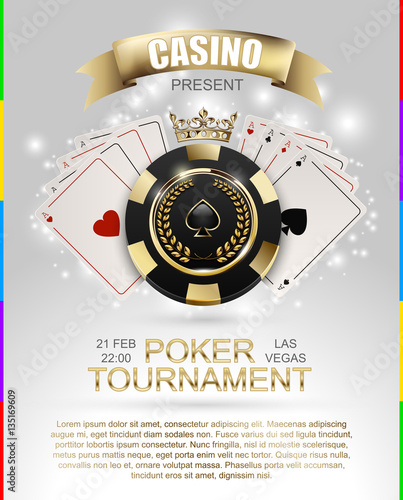 VIP poker luxury black and golden chip, golden crown with ace card vector casino poster concept. Royal poker club tournament banner with laurel wreath, ribbon, spade, light effect on white background