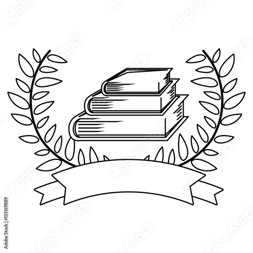 monochrome contour with crossed branchs with leaves and books vector illustration