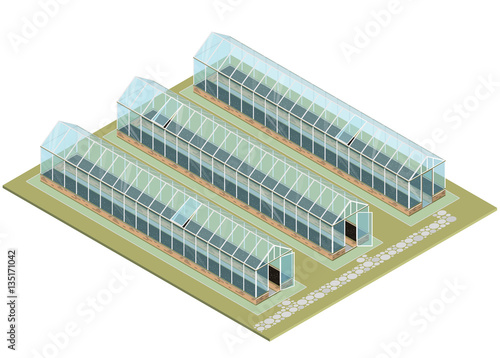 Isometric greenhouse with glass walls, foundations, gable roof, garden bed. Mass farm for growing plants. Vector horticultural conservatory for vegetables and flowers. Greenhouse cultivate gardening.