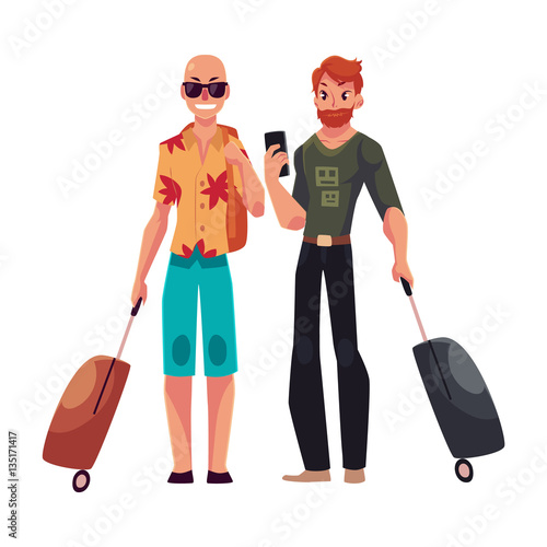 Two young men, bald in hawaii shirt and red-haired hipster, with suitcases, cartoon illustration isolated on white background. Airplane passengers, gay couple with suitcases, going to, from vacation