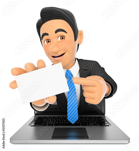 3D Businessman coming out a laptop screen with a blank card photo