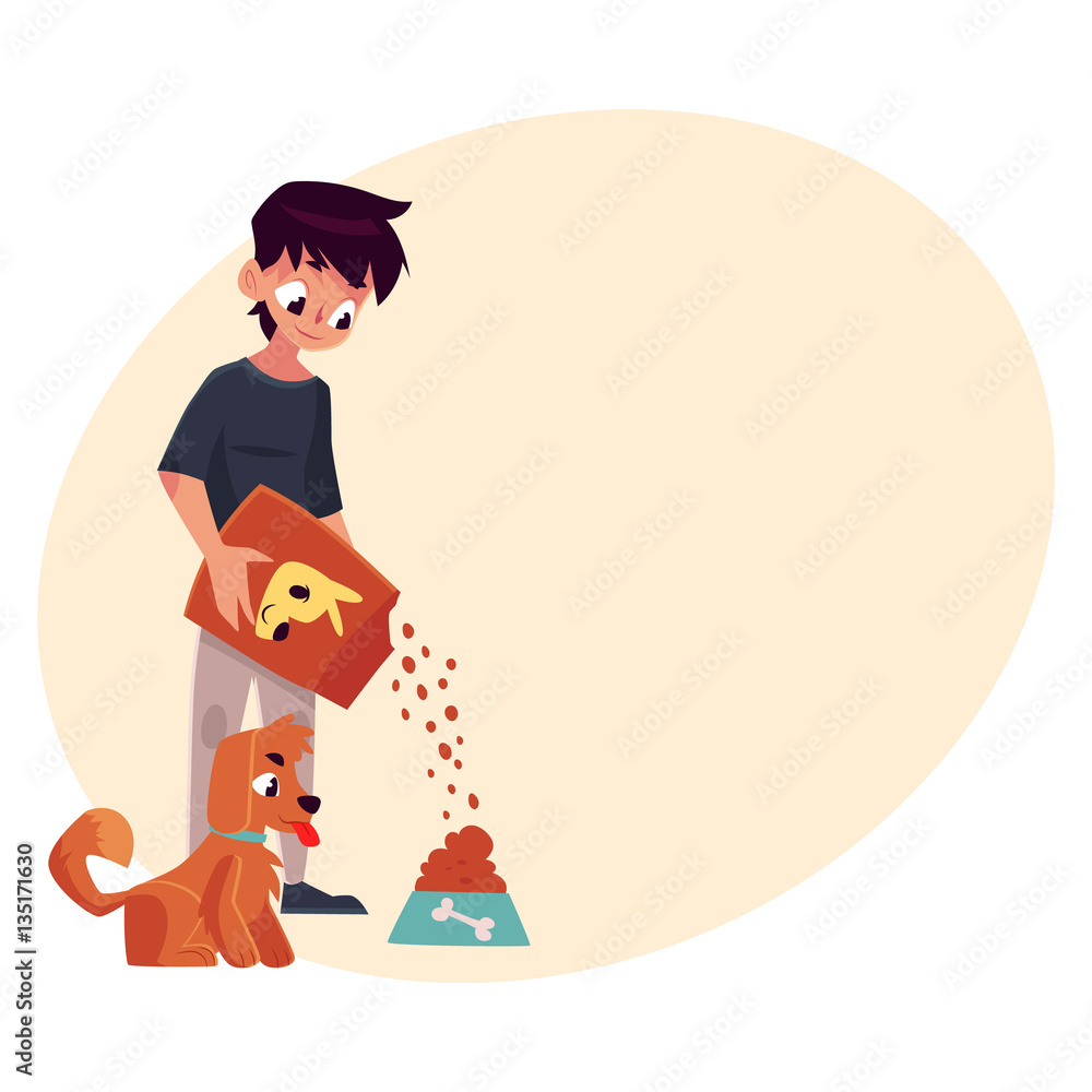 Teenage boy giving food to his puppy, dog, cartoon vector on background  with place for text.