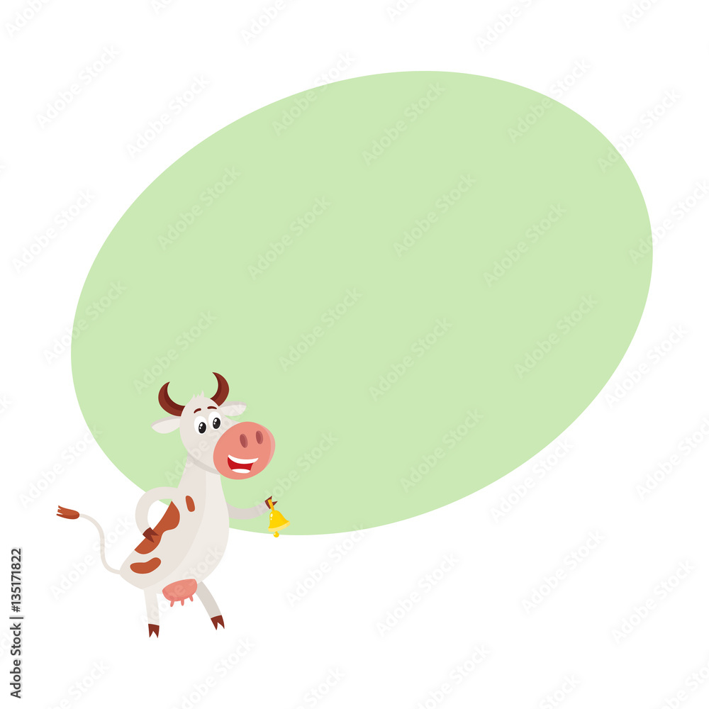 Funny black white spotted cow standing on hind legs and ringing a bell, cartoon vector illustration on background with place for text. Funny cow ringing a bell sanding on two legs, dairy farm concept