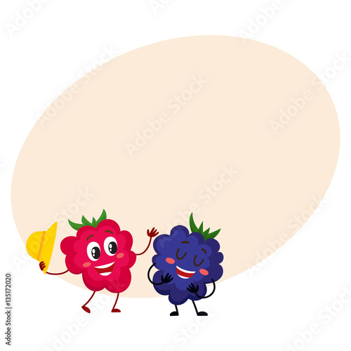 Cute and funny comic style raspberry and blackberry characters, cartoon vector illustration on background with place for text. Red and ripe raspberry character, mascot greeting blackberry with hat off