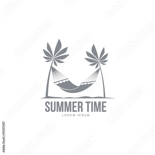 Black white, silhouette logo template with hammock hanging between two palm trees, vector illustration isolated on white background. Black white summer time logotype, logo template with tropical palms