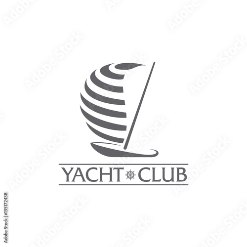 Black and white graphic yacht club, sailing sport logo template with steering wheel, vector illustration isolated on white background. Graphic yacht, sail boat logotype, logo design