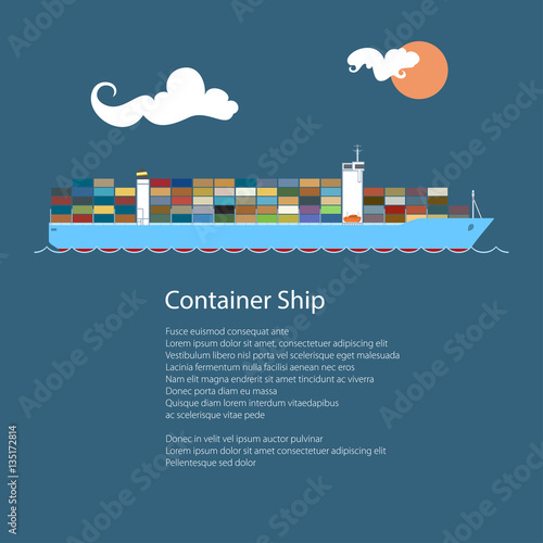 Cargo Container Ship at Sea and Text , Industrial Marine Vessel with Containers on Board, International Freight Transportation, Vector Illustration