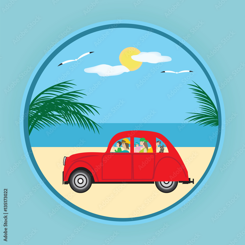 small red car family parents children dog palm sea sun gull art creative modern vector design element of tourism logo