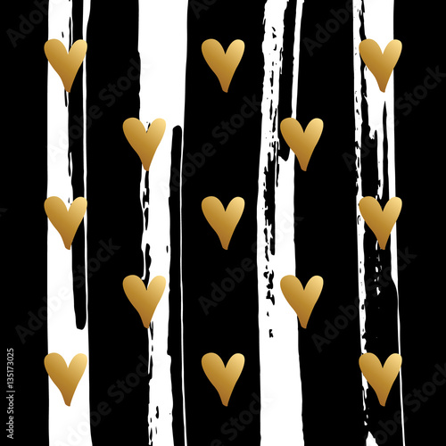 Hand drawn heart symbols pattern with brush stroke background. Creative card template for romantic greetings. Gold and black colors. Vector illustration.