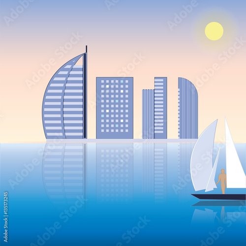 modern hotel cityscape sailboat sea sun art creative vector illustration Travel Poster