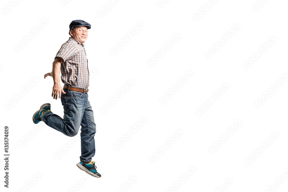 Portrait of a happy mature man running forward. Isolated full bo Portrait of a happy mature man running forward. Isolated full bo