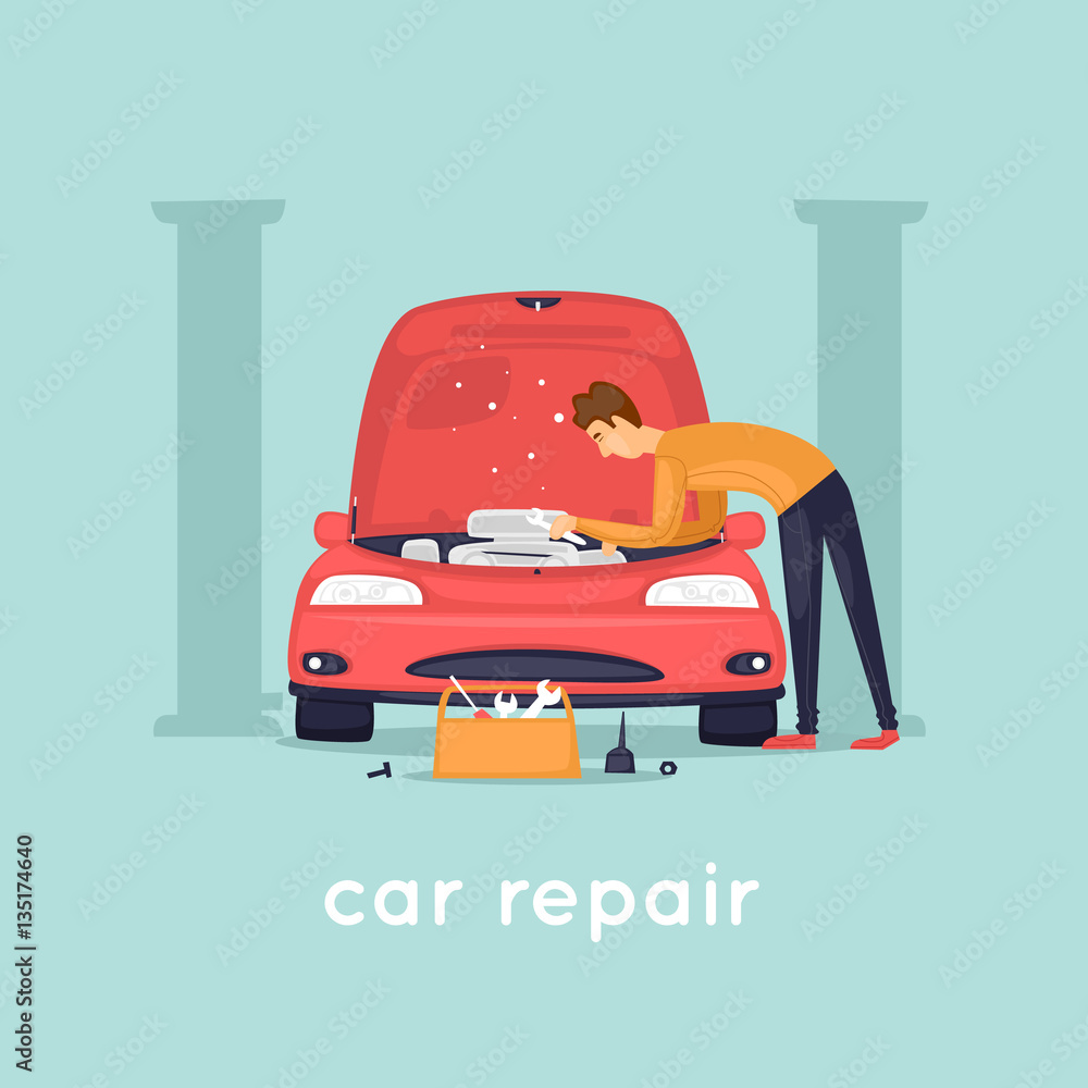 Man repair car. Shop. Flat vector illustration in cartoon style. Stock  Vector | Adobe Stock