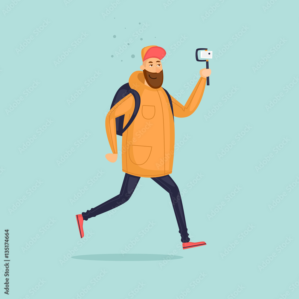 Blog-ger runs and shoots video. Flat vector illustration in cartoon style. Blog-ger runs and shoots video. Flat vector illustration in cartoon style.