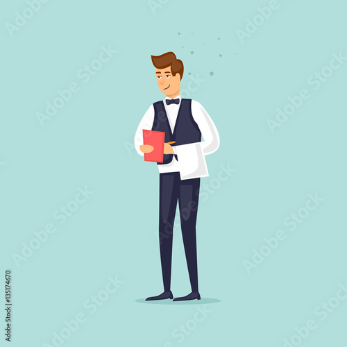 Restaurant waiter takes the order. Flat vector illustration in cartoon style.