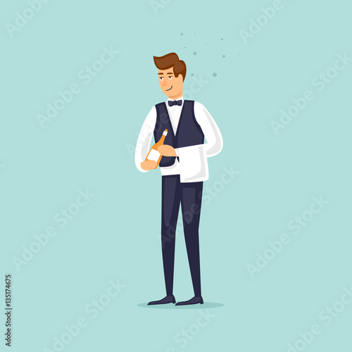 Restaurant waiter brought alcohol. Flat vector illustration in cartoon style.