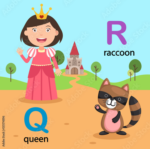 Illustration Isolated Alphabet Letter Q-queen,R-raccoon