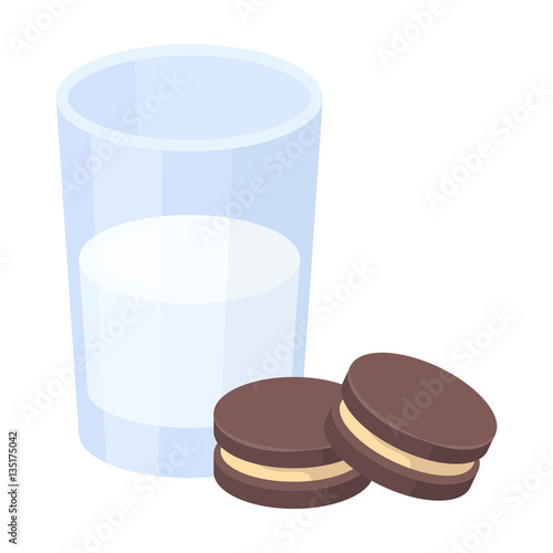 Glass of milk with cookies icon in cartoon style isolated on white background. Sleep and rest symbol stock vector illustration.