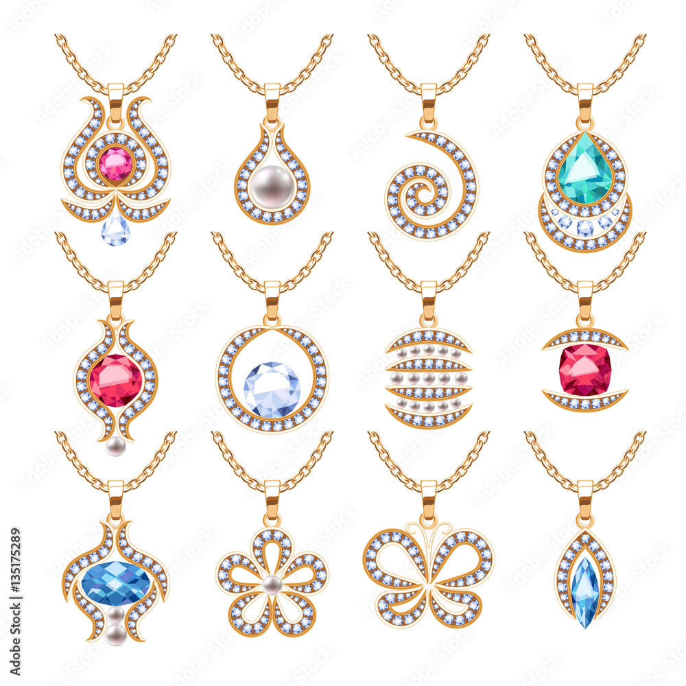 Jewelry pendants set. Golden chains with gemstones. Jewelry pendants set. Golden chains with gemstones.