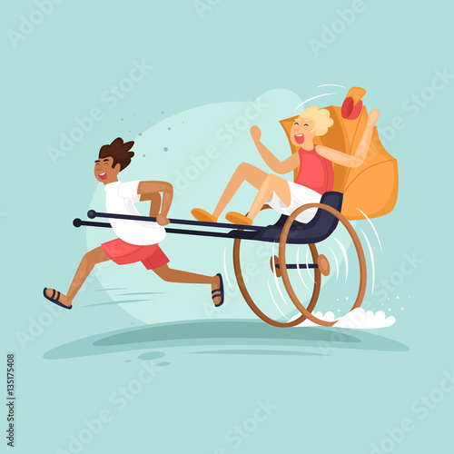 Rickshaw runs and driven by a tourist. Flat vector illustration in cartoon style.