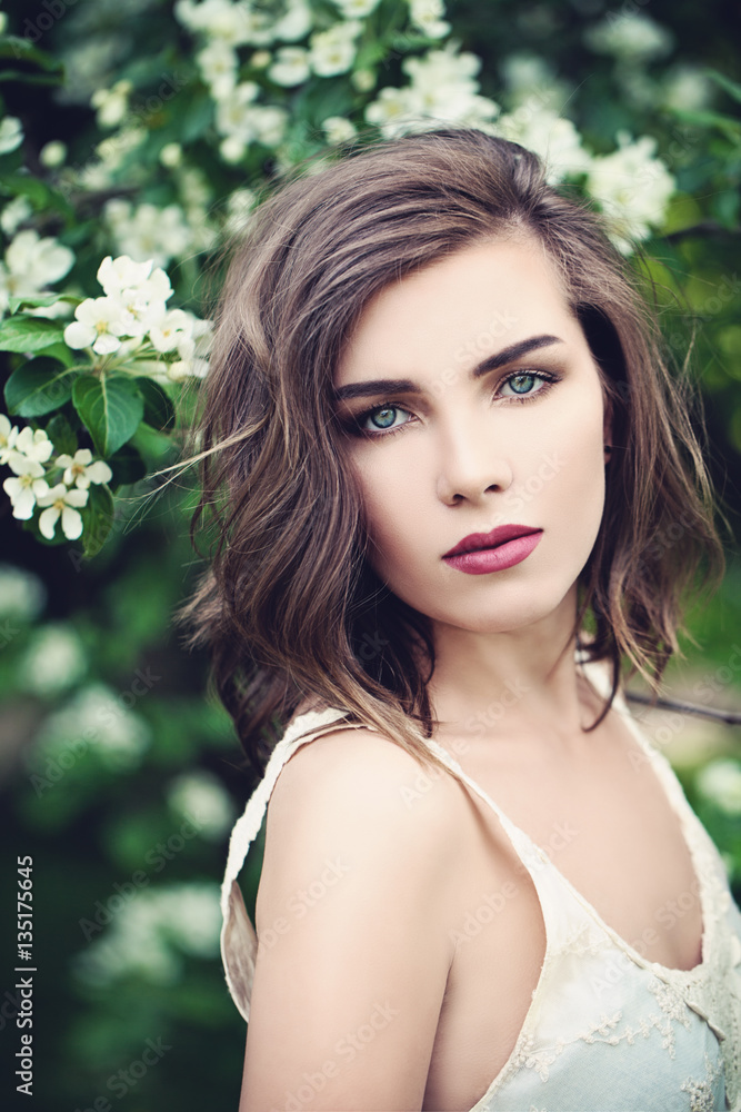 Spring Woman with Permed Hair and Makeup Outdoors Spring Woman with Permed Hair and Makeup Outdoors