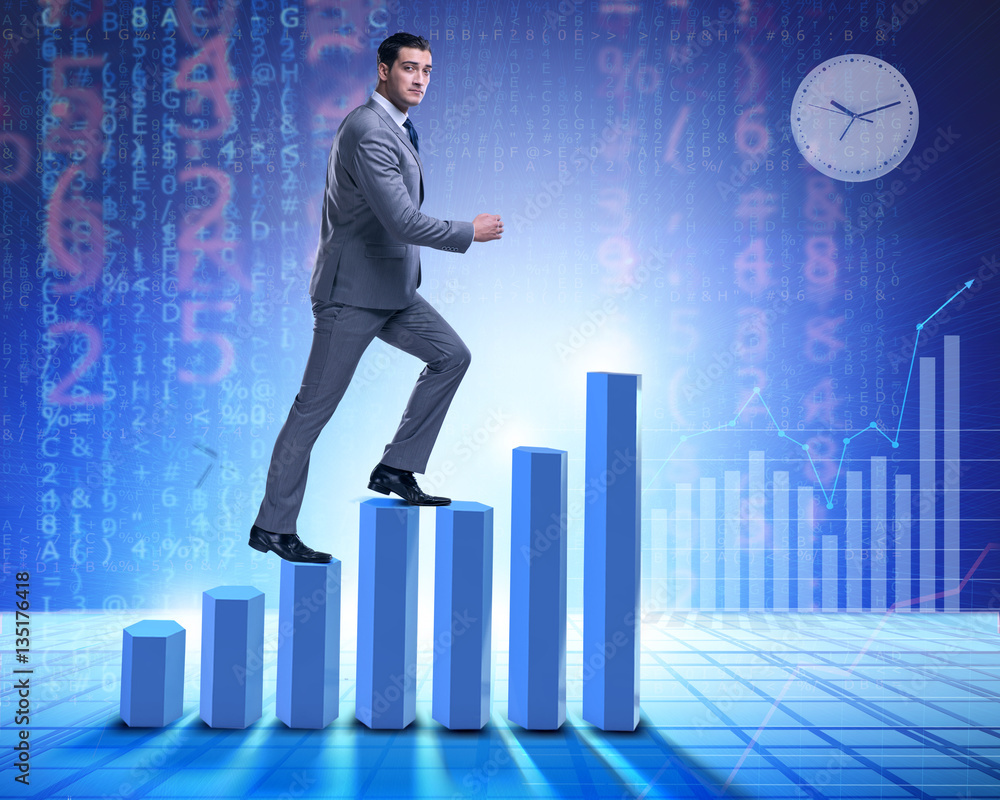 Fototapeta premium Businessman climbing bar charts in business concept