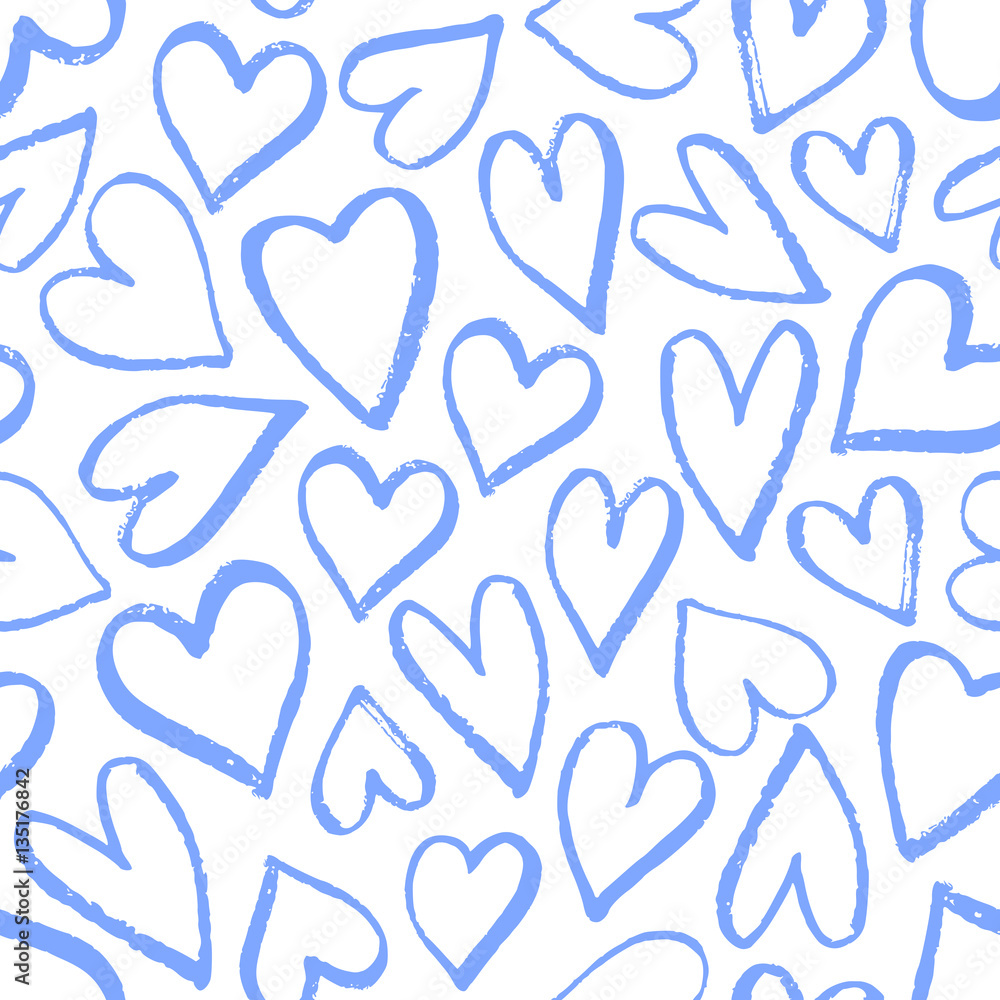 Seamless pattern with hand drawn hearts in blue on white background. Seamless pattern with hand drawn hearts in blue on white background.