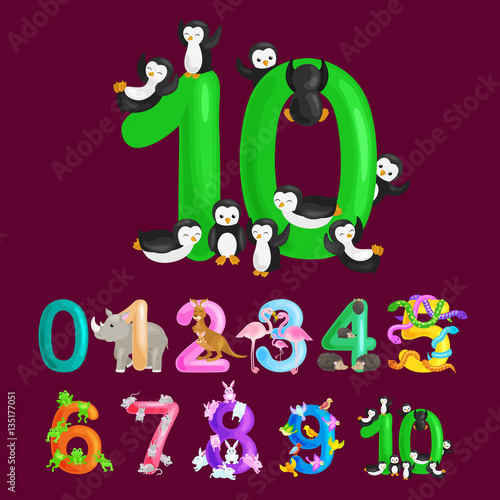 ordinal number 10 for teaching children counting ten penguins with the ability to calculate amount animals abc alphabet kindergarten books or elementary school posters collection vector illustration