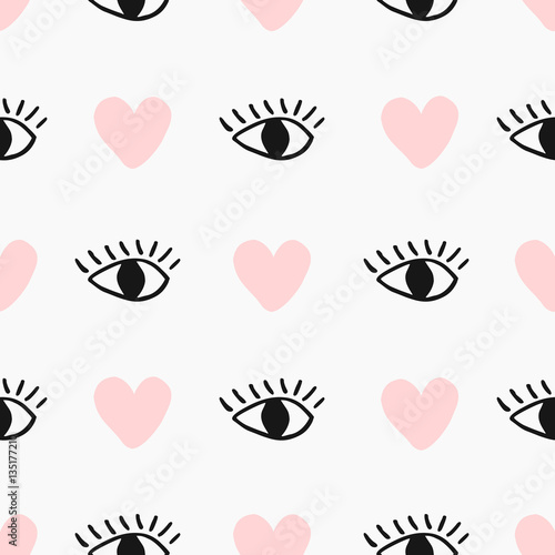 Modern seamless pattern with hand drawn eyes and hearts in black and pastel pink on cream background.