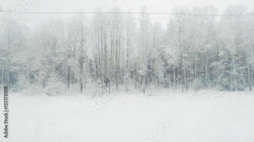View from the train window to the winter landscape.
