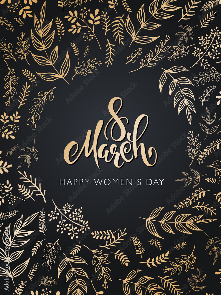 vector illustration of womens day card with lettering - 8 march, frame from golden doodle branches