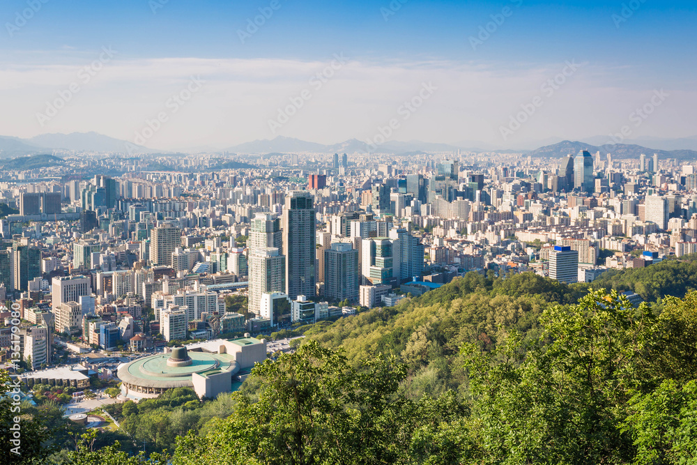 Seoul city and Downtown skyline in aerial, South Korea