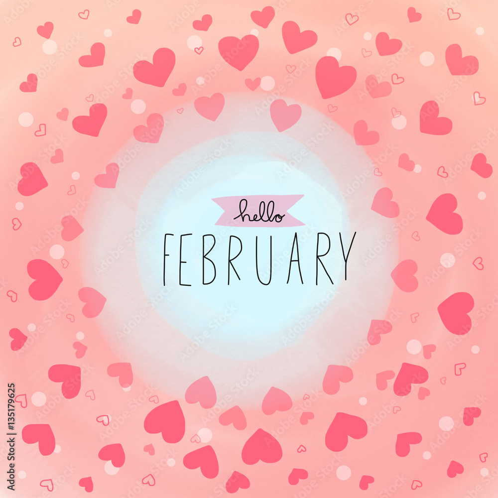 Hello February word on pink heart watercolor background illustration